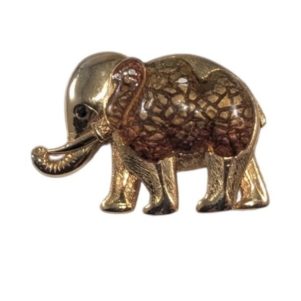 St. John Vintage Gold Tone Elephant Brooch Enamel Lucky Trunk Up‎ Logo Pin